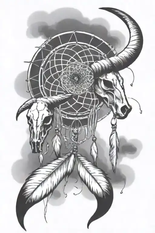 A Dream Catcher On One Side And A Long Horn Bull Skull On The Other Side