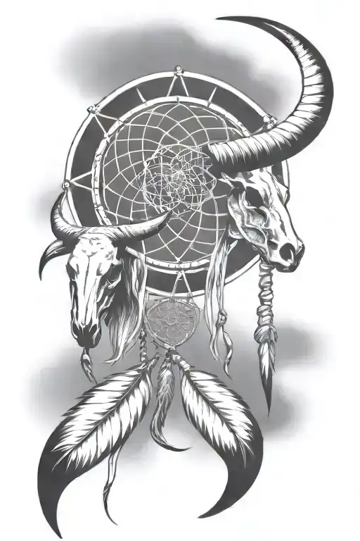 A Dream Catcher On One Side And A Long Horn Bull Skull On The Other Side