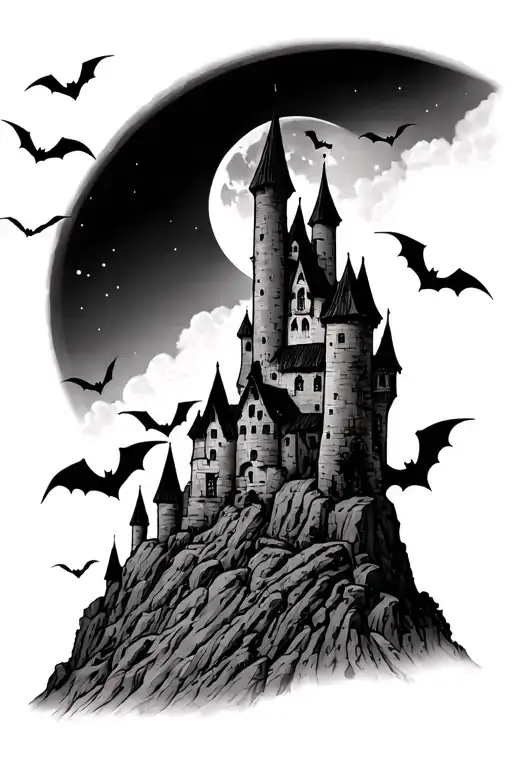 Haunted Poenari Castle On Top Mountain With Bats And Moon