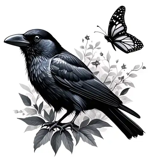 Crow And Butterfly Perched