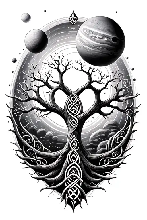 Celtic Tree Of Life Surrounded By Planets Orbiting