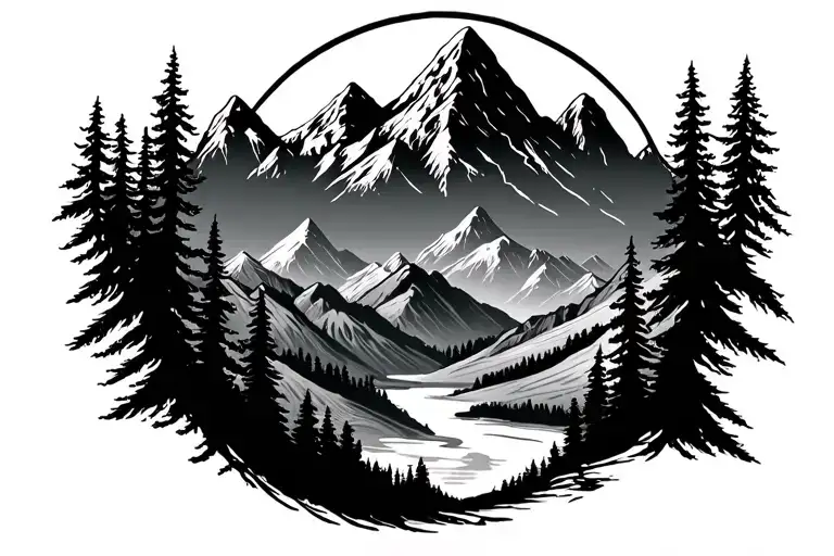 Mountains Silhouette In Circle