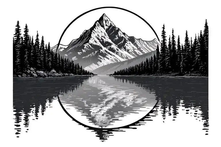 Mountains Outline In Circle With Lake Under