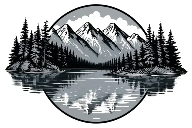 Mountains Outline Only In Circle With Lake Under In Logo Style