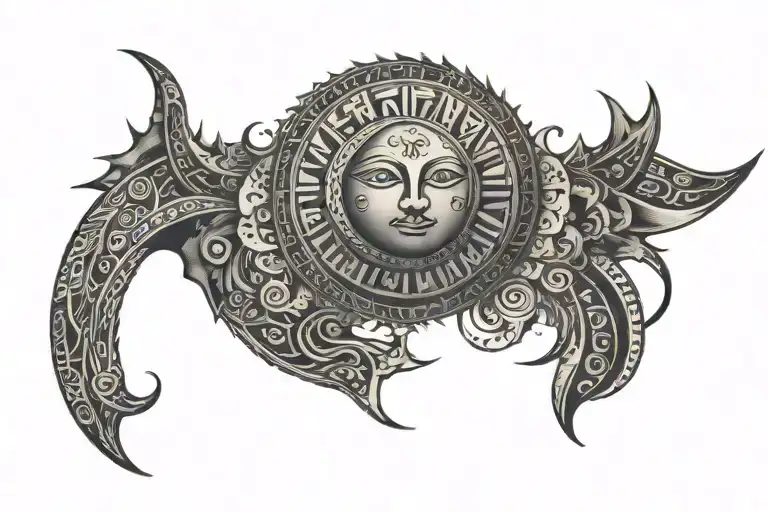 A 5Cm Wide Strip Of Tribal Lines With Sun And Moon Inside That Goes Around The Thigh