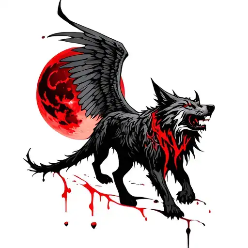 Red Moon Bleeding Wolf Demon Wings Spread Wide Tribal Wings Reflecting