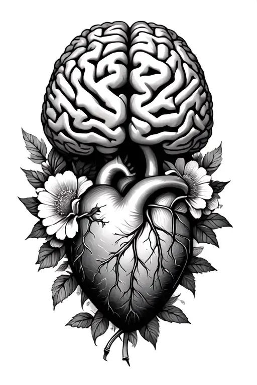 Brain And Heart Tattoo Surrounded By Flowers