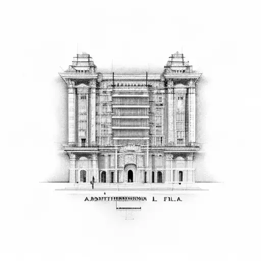 An Architectural Blueprint Of A Famous Building With A Vintage Car Parked In Front