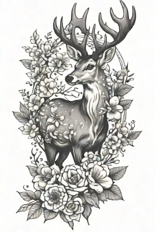 Deer And Flowers Surrounding