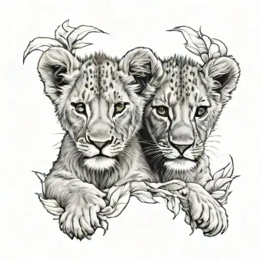 Two Lion Cubs Face Only Black