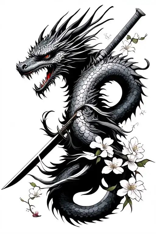 Samurai With Dragon With Cherry Blossoms With Sword Throught The Head