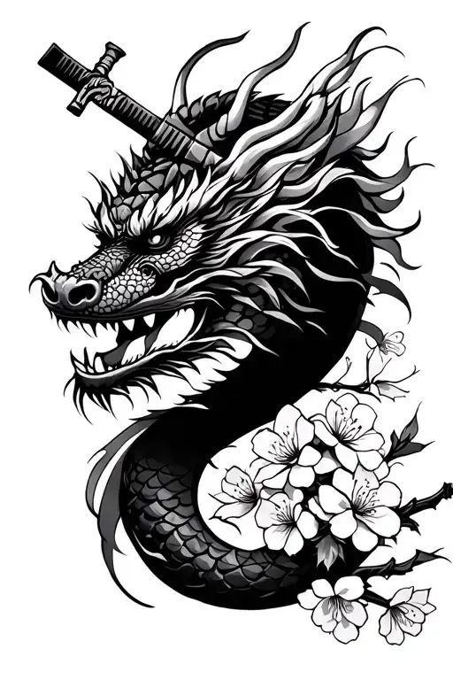 Samurai Head With Dragon Wrapped Around It With Cherry Blossoms With Sword Throught The Head