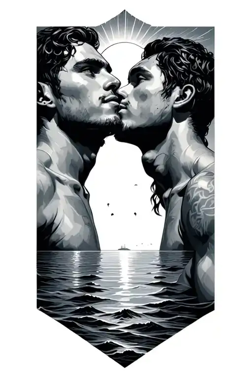 Two Brothers Looking Into Sun Setting On Sea