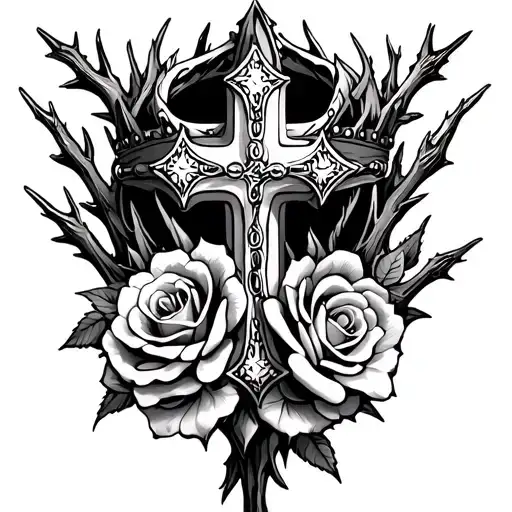 Cross And Thorn Crown With Roses On Thorns