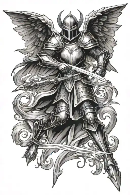 Knight With Angel Wings Attacking A Demon With Sword