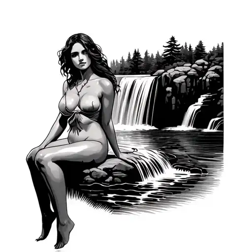 Lady Sitting At The Base Of A Waterfall Flowing