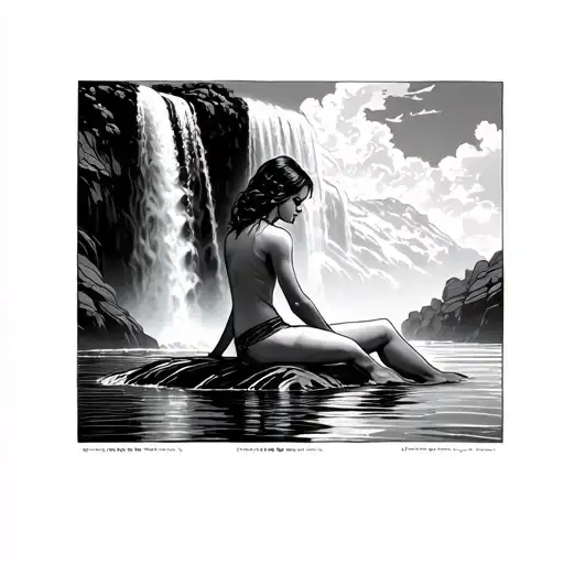 Lady Sitting At The Base Of A Tall Flowing Waterfall With Her Back Towards Me