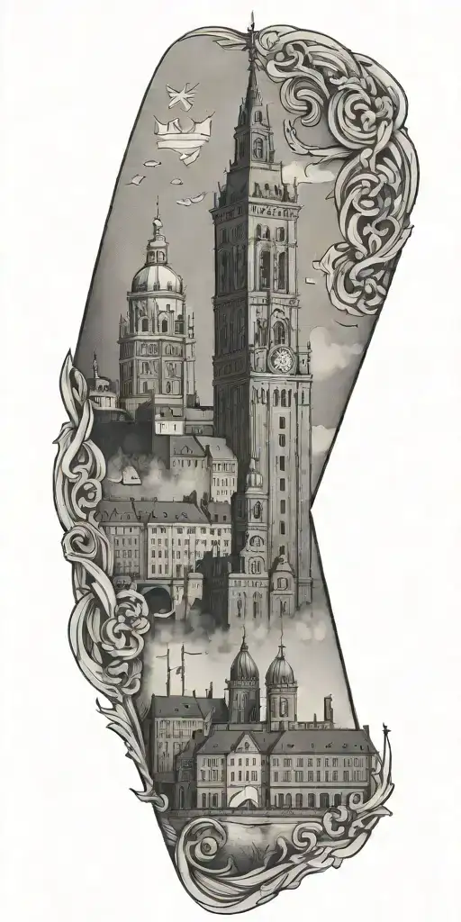 City Of Stockholm Flag Combined With Tower Of Stockholm City Hall And Also Stockholm Stadium