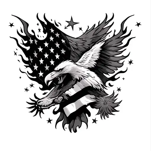 Usa Flag Intertwined With Flames Shooting Stars With Eagle And Wolf