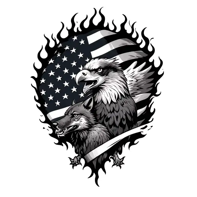 Usa Flag Intertwined With Flames Shooting Stars With Eagle And A Wolf