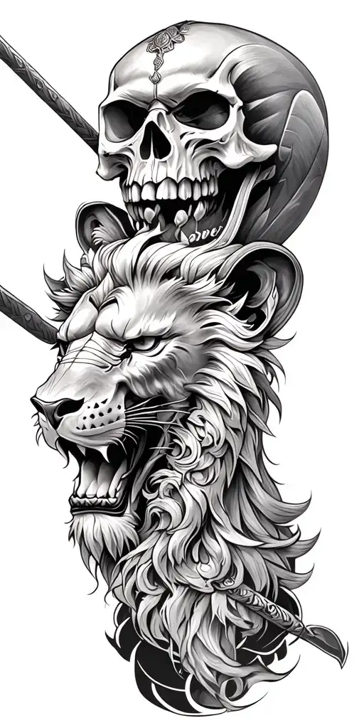 Skull Lion And Samurai Warrior