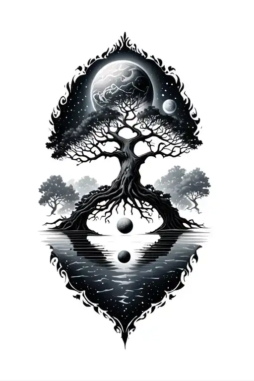 Tree Of Life With Space Theme Back Tattoo Design