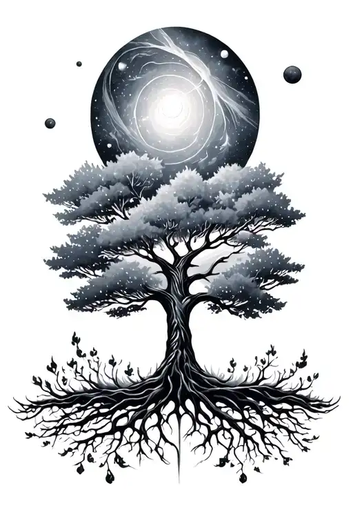 Tree Of Life With Space Theme Back Tattoo Design Minimalist
