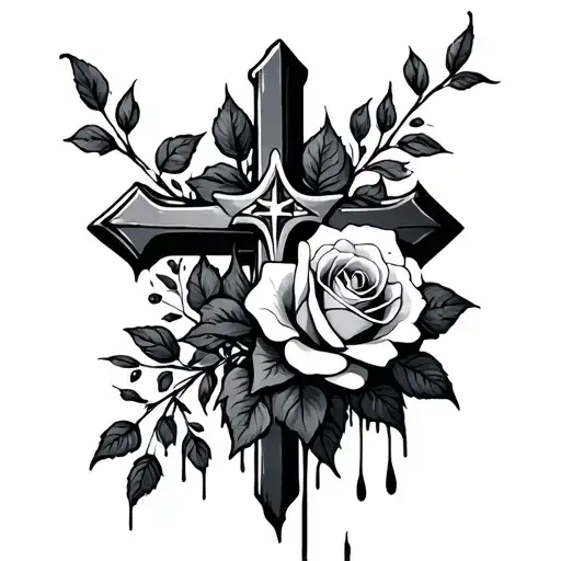 Orthodox Cross Wrapped With Bleeding Rose Blooming