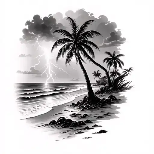 Palm Tree And Lightning Storm And Beach Scene