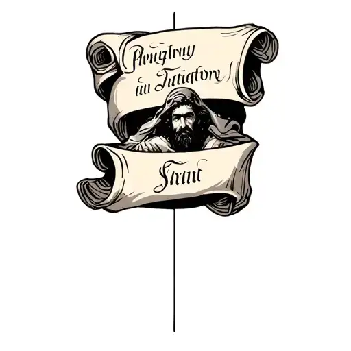 Italic Writing On Scroll Wrapped Together With Guy In Purgatory In Between