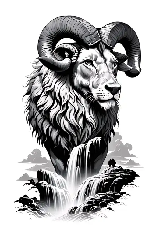 Ram Bull Lion And Waterfall Flowing
