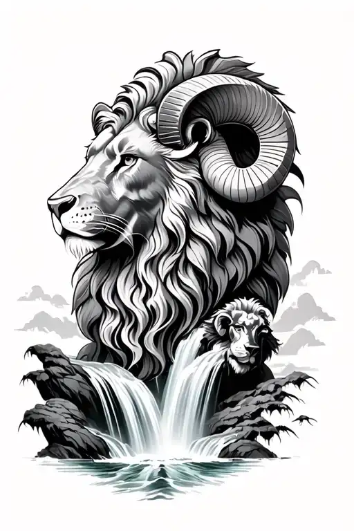 Separate Ram Bull Lion And Waterfall Flowing