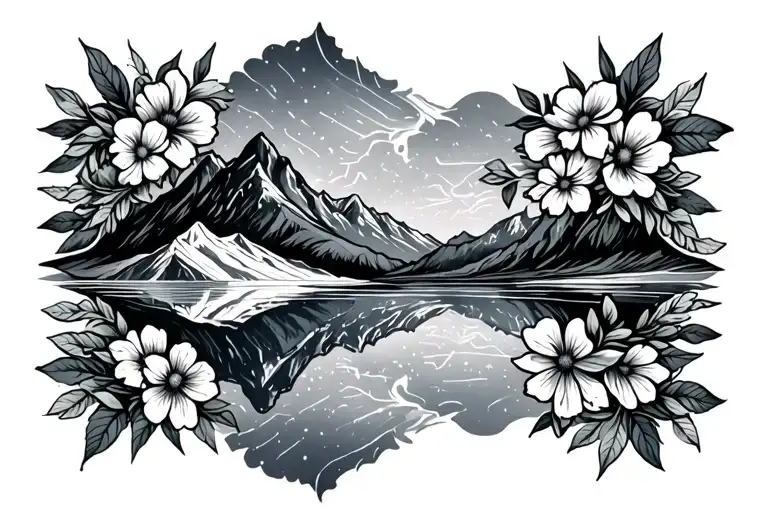 Mountains Reflected With Birth Flowers Surrounding