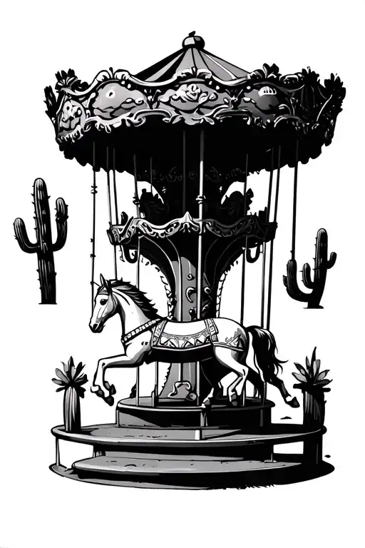 Carousel With One Horse And A Cactus Leading Towards