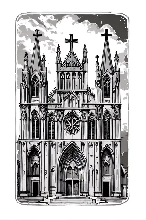 Gothic Roman Catholic Cathedral With Crosses Mixed
