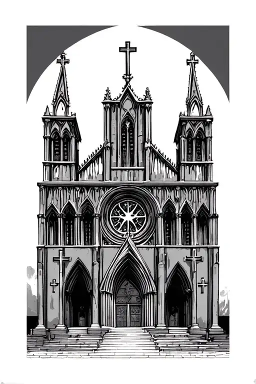 Gothic Roman Catholic Cathedral With Crosses Mixed