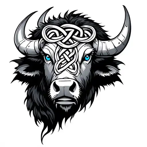 Buffalo With Blue Eyes On Armor Tattoo Design Featuring Celtic Trinity Knot