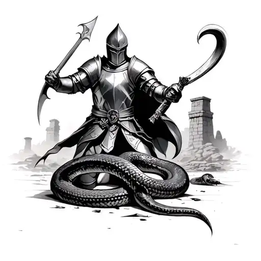A Knight Defeating A Snake In Realistic Style With Ruins In The Background