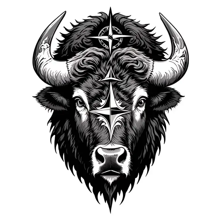 Buffalo Head With True North Compass Rose