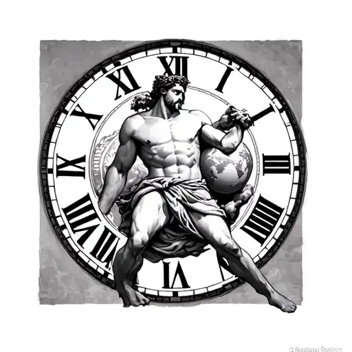 Greek God Hephaestus Struggling To Hold The World With A Roman Numerals Clock In The Background