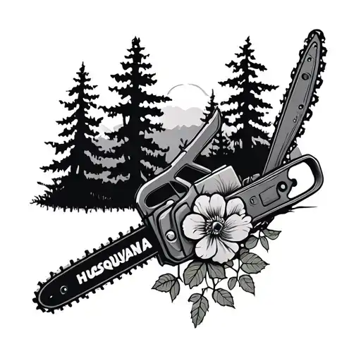 Floral Husquvana Chainsaw Tattoo With Trees In Background