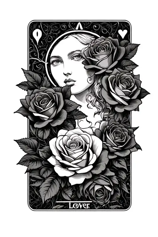 Line Of Roses Intertwined With The Lovers Tarot Card