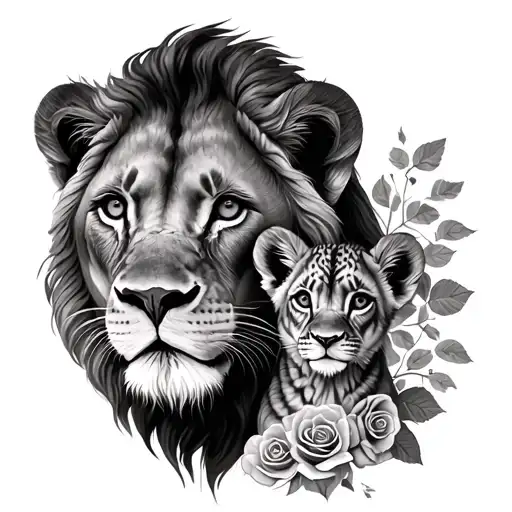 Lion And Cub Faces With Roses Represet Father And Daughter