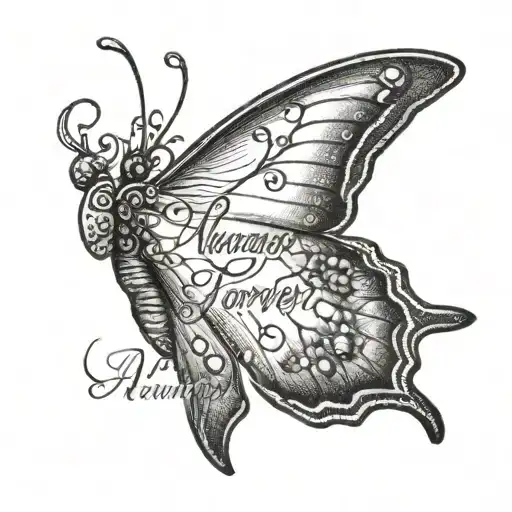 A Realistic Black And Grey Butterfly With 'Always & Forever' Written In Delicate Script