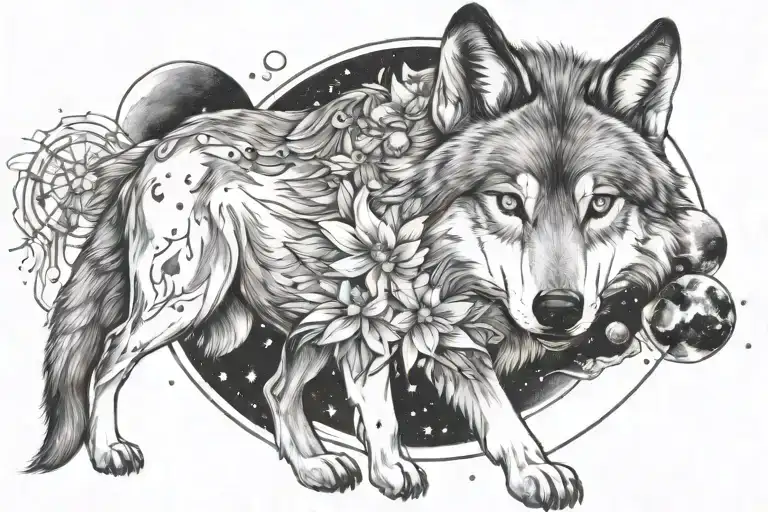 Wolf In Cosmos With Planets