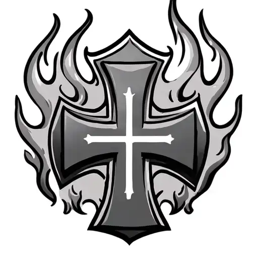 Flames On Abdomen Curved Above And Below Firefighter Maltese Cross