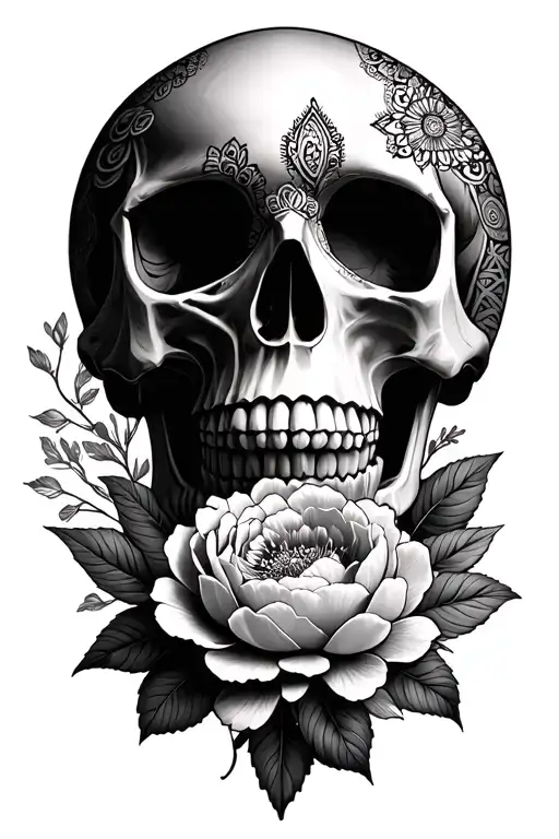 Skull With Peonies And Mandalas
