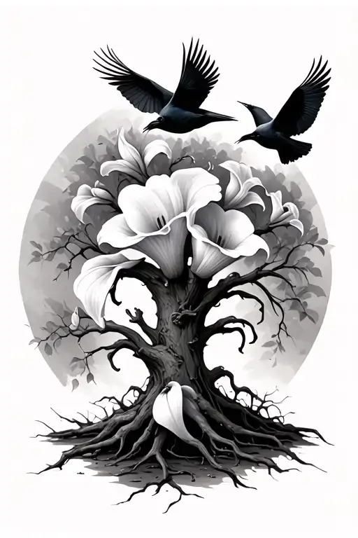 Cala Lily Flower Blooming Tree With Crows Flying Out
