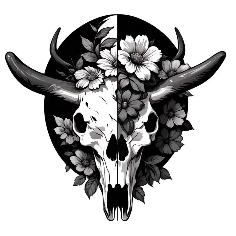 Bull Skull Half Flowers For Joy And Success And Half Dead For Bad Times