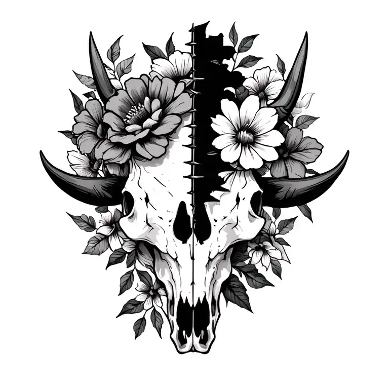 Bull Skull Half Flowers For Joy And Success And Half Barbed Wire For Bad Times